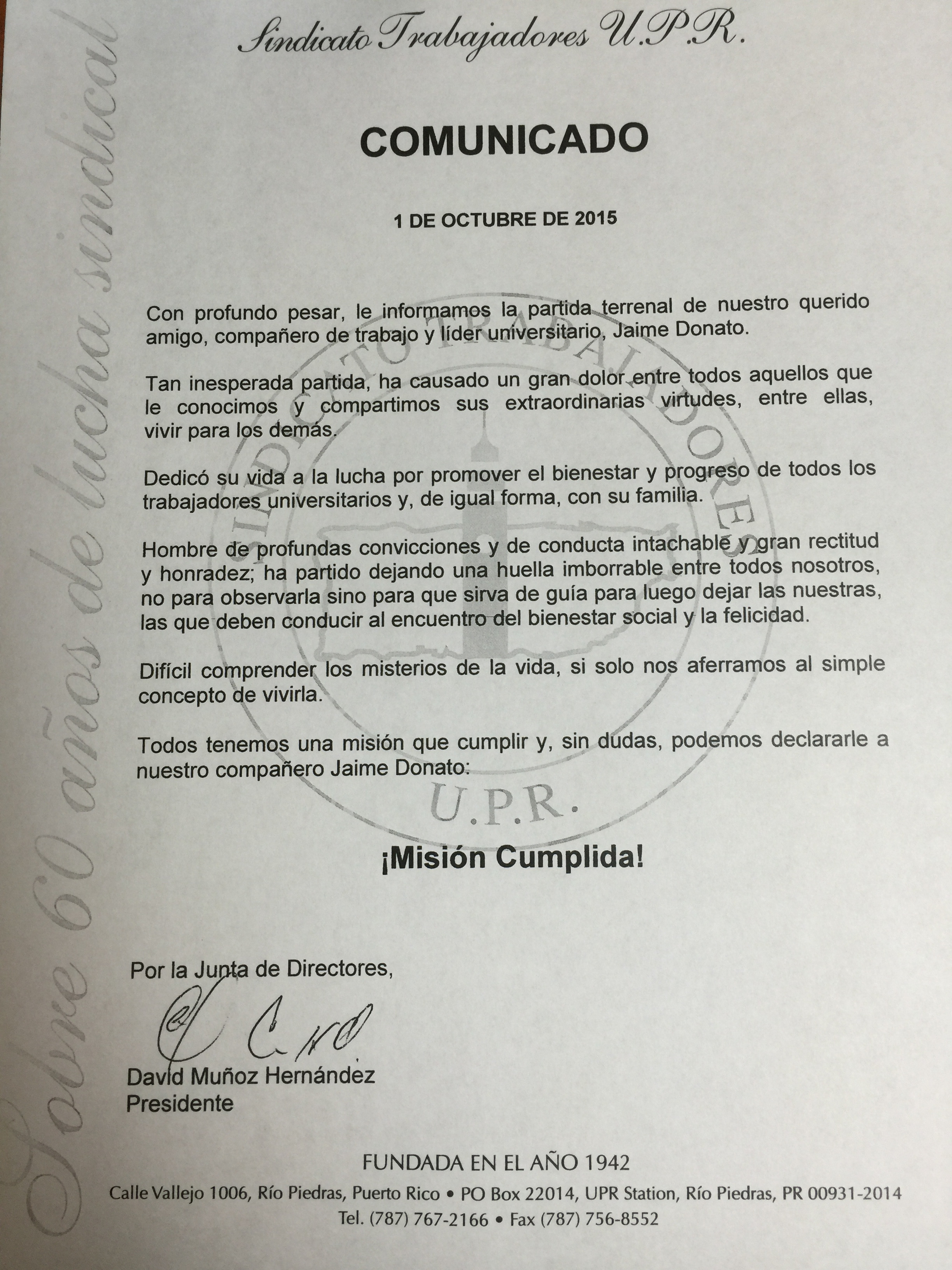 Comunicado - Jaime Donato
